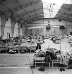 Paasdrukte, sporthal Zuid oude RAI ingericht als slaapzaal overzicht, Bestanddeelnr 917-6615