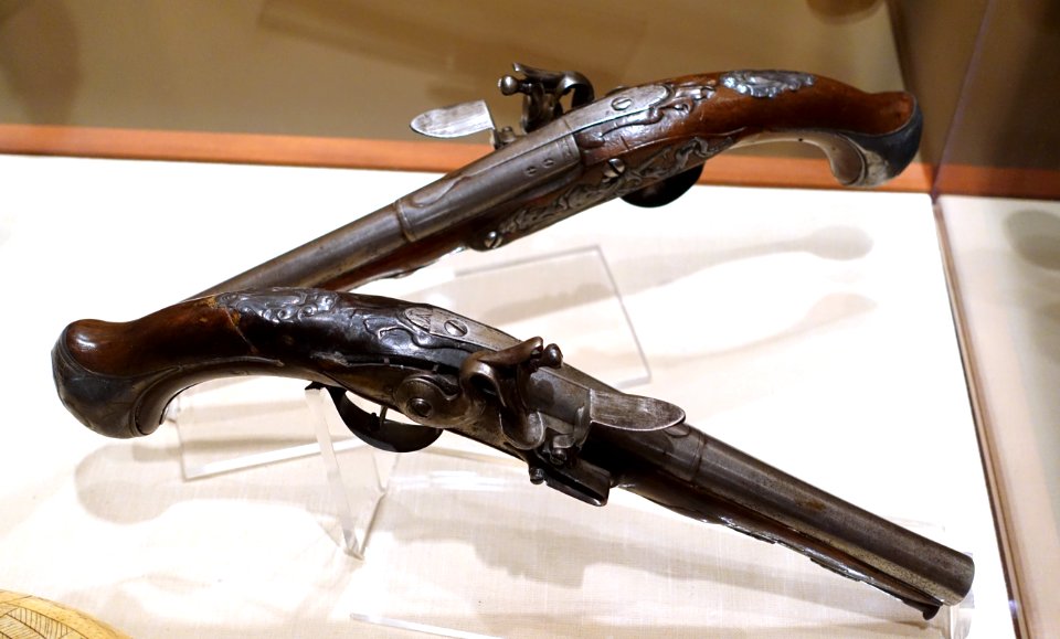 Pair of pistols owned by Major John Buttrick, locks marked Davidson, probably London, 1760-1770, steel, silver, walnut - Concord Museum - Concord, MA - DSC05579