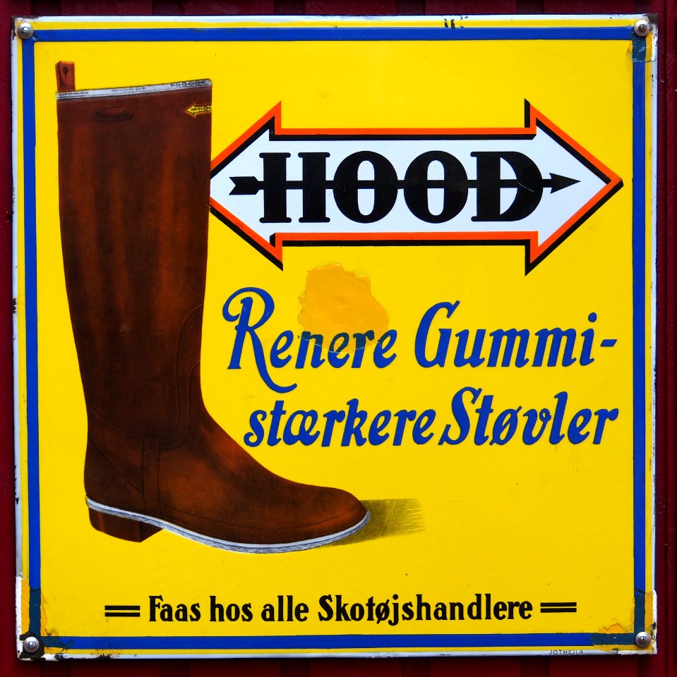 Old Danish enamel advertising sign, Hood