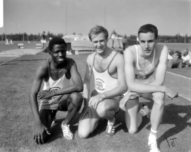 Nationale Atletiekwedstrijden te Haarlem, v.l.n.r. Grep, De Winter , Van Herpen, Bestanddeelnr 919-4691