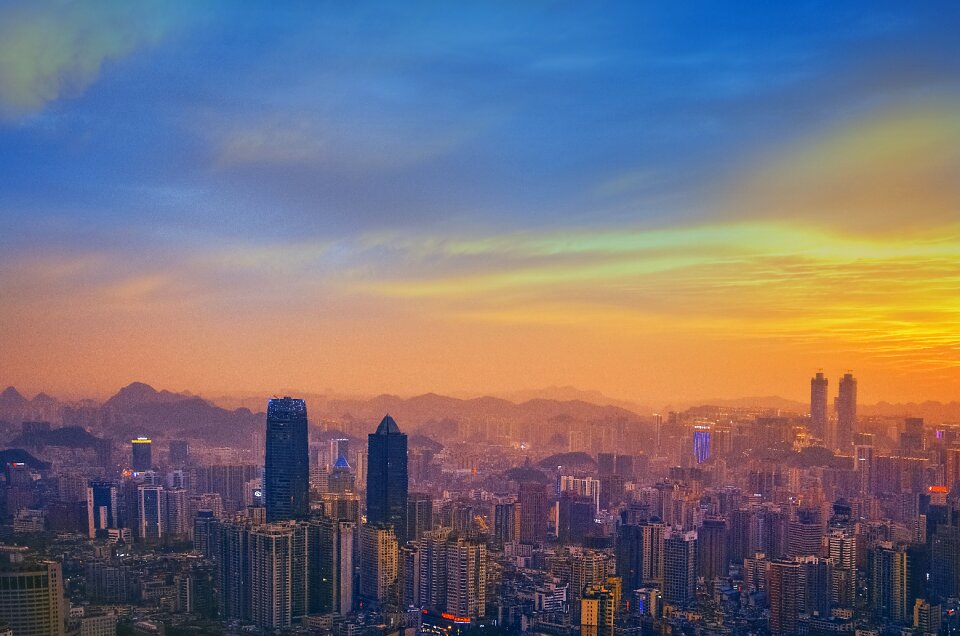 Building sunset a bird's eye view
