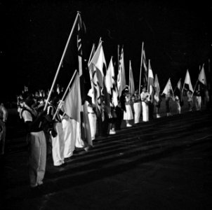 Vlaggenparade tijdens het feest in het Rifstadion in Wllemstad, Bestanddeelnr 252-3653