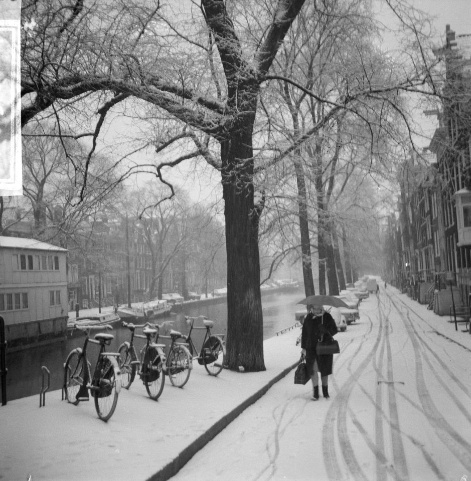 Vrouw met paraplu in de sneeuw om acht uur 's-morgens wandelend langs de Prinsen, Bestanddeelnr 918-5014