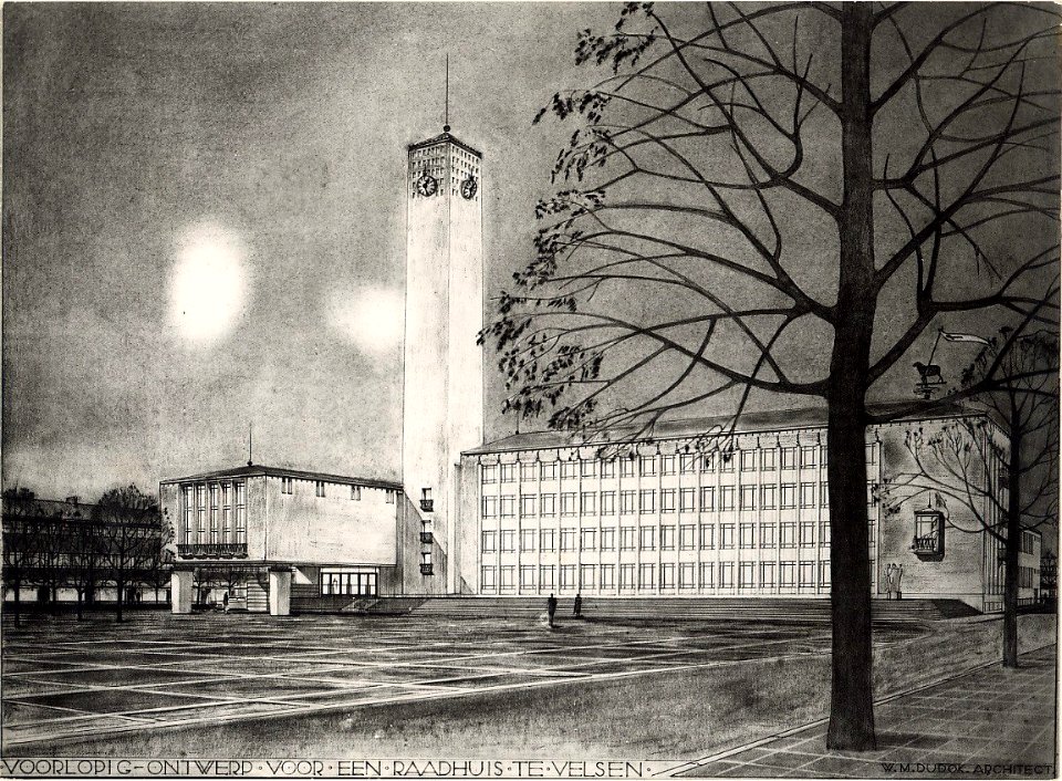Voorlopig ontwerp voor een Raadhuis te Velsen, aan het Raadhuisplein. (architect W.M. Dudok). Aangekocht in 1976 van fotograaf C. de Boer. Identificatienummer 54-010319, NL-HlmNHA 1478 25900 K 38