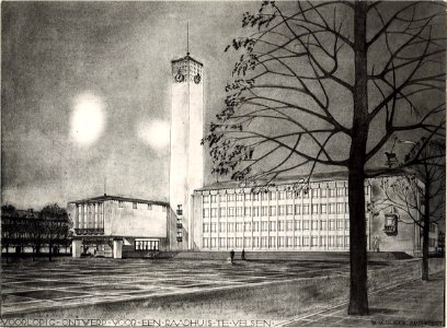 Voorlopig ontwerp voor een Raadhuis te Velsen, aan het Raadhuisplein. (architect W.M. Dudok). Aangekocht in 1976 van fotograaf C. de Boer. Identificatienummer 54-010319, NL-HlmNHA 1478 25900 K 38