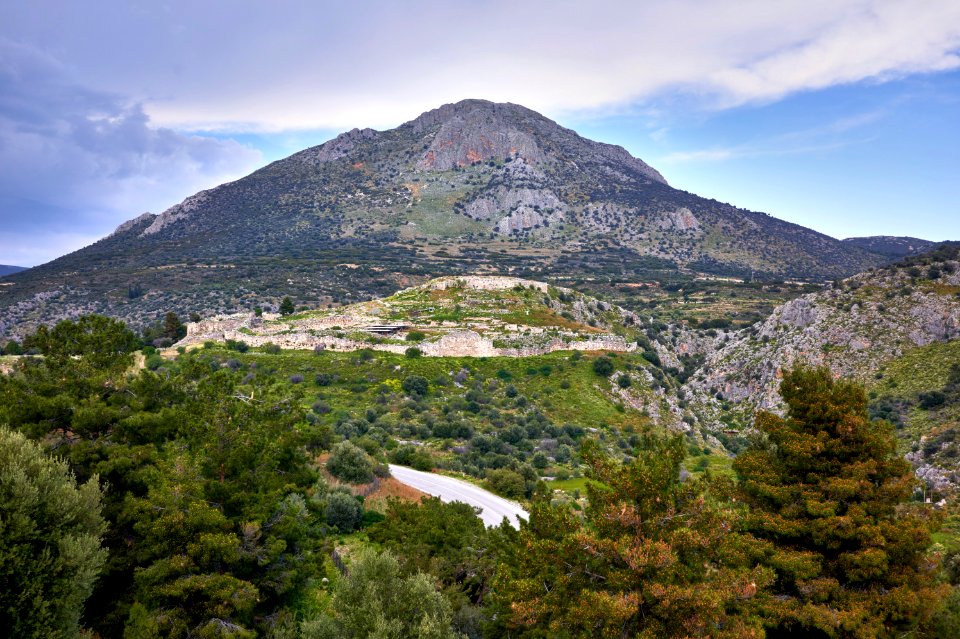 View of the citadel of Mycenae from the Tomb of Agamemnon on 26 March 2019