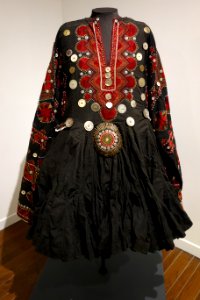Wedding dress (jumlo), Indus Kohistan, Northwest Frontier Province, Pakistan, view 1, mid 20th century, cotton, metal and glass beads, plastic buttons - Textile Museum of Canada - DSC00930