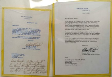 White House commendation leters, for Sgt. Robert W. Boord - Oregon Air and Space Museum - Eugene, Oregon - DSC09739