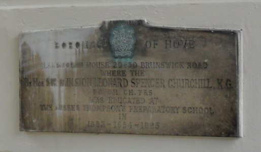 Winston Churchill Plaque at 29–30 Brunswick Road, Hove (Borough of Hove Plaque) (July 2010)
