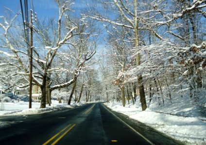 Winter scene Summit NJ trees road yellow line sky telephone poles