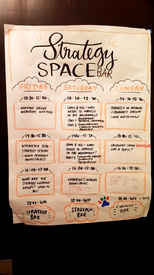 Wikimania 2018 - Strategy Bar program including Katherine's keynote including cute waterbuffelo shit bingo