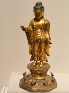 Standing Buddha Shakyamui in Abhayavara Mudra, 8th-9th century, Unified Silla dynasty, Korea, gilt bronze - Sackler Museum - DSC02559