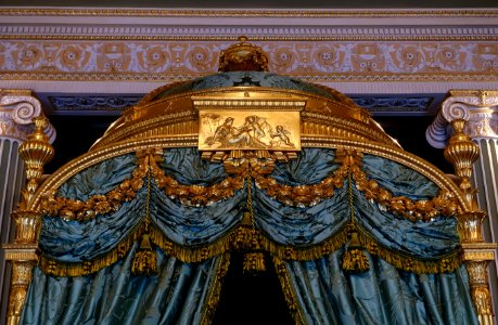 State Bed detail by Thomas Chippendale, 1773, carved and gilt wood, silk damask, State Bedroom - Harewood House - West Yorkshire, England - DSC01823