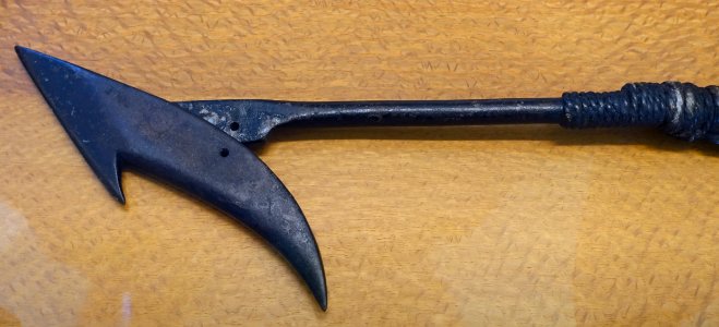 Temple type toggle harpoon, c. 1840s to 1920s, iron, hemp rope twine lanyard - San Francisco Maritime Museum - San Francisco, CA - DSC04089