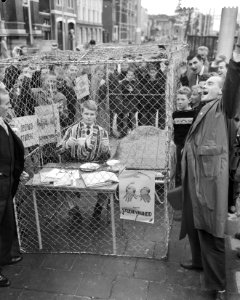 Studentenprotest tegen artikel 60 van de studievrijheid A A Blokland in kooi, Bestanddeelnr 911-6820