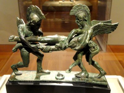 Sleep and Death Carrying off the Slain Sarpedon (cista handle), 400-380 BC, Etruscan, bronze - Cleveland Museum of Art - DSC08259