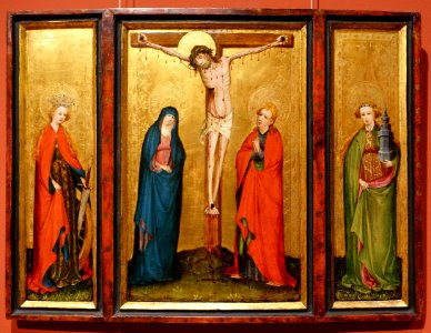 Small winged altarpiece with Crucifix and Saints Catherine and Barbara, by the Meister des älteren Sippenaltars, Köln, c. 1415-1420, oak - Hessisches Landesmuseum Darmstadt - Darmstadt, Germany - DSC01315