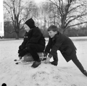 Sleetje rijden op stofzuiger, twee jongetjes in Vondelpark, Bestanddeelnr 917-2761