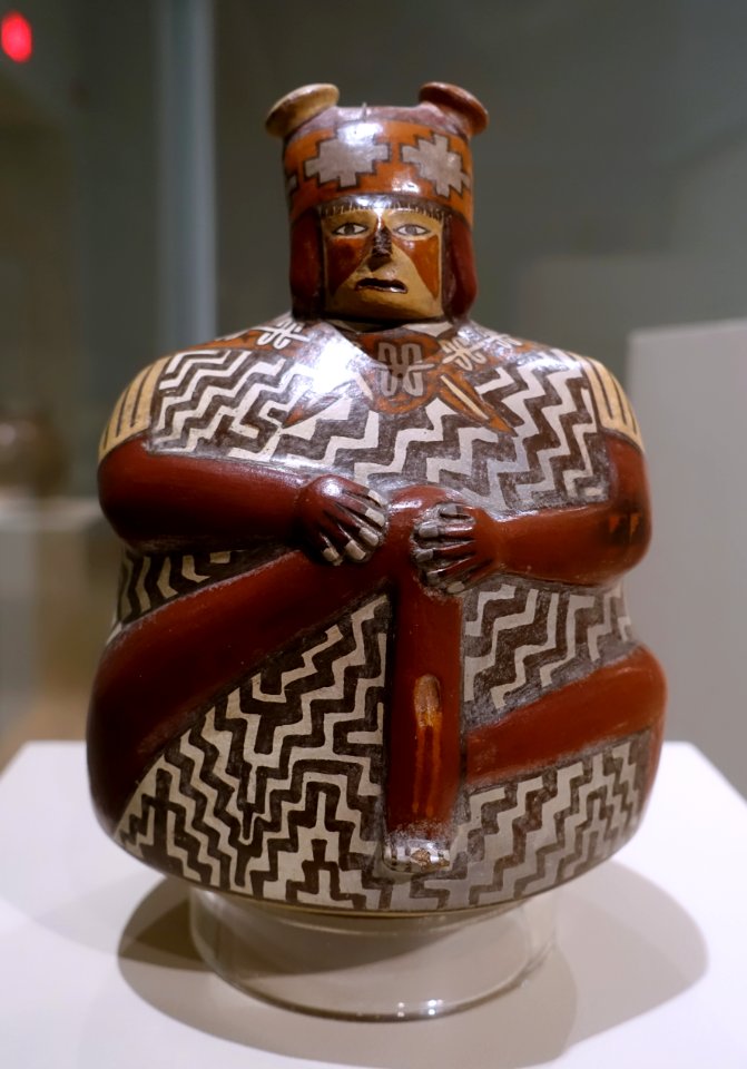 Single-spout strap-handle vessel depicting a wounded warrior, Nasca culture, Peru south coast, Early Intermediate Period, Nasca Phase 7, c. 500-600 AD, ceramic - Dallas Museum of Art - DSC04687