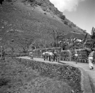 Straatbeeld met houtslepers in The Bottom op Saba, Bestanddeelnr 252-8195