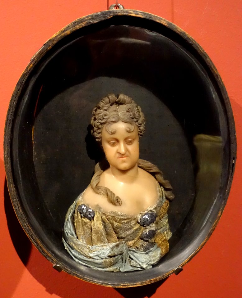 Sophie Charlotte, Electress of Brandenburg, by Johann Wilhelm von Kolm, Berlin, c. 1700, wax, textiles - Bode-Museum - DSC03445