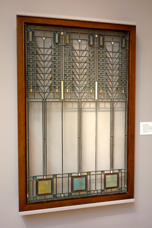 Tree of Life Window from the Darwin D. Martin House, by Frank Lloyd Wright, designed 1904, clear, iridescent, and opalescent glass in brass canes - Chazen Museum of Art - DSC02441