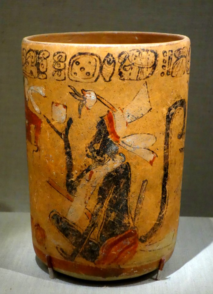 Vase with two seated monkeys and a cacao tree, Mexico or Guatemala, Central Maya area, 600-900 AD, earthenware and pigment - De Young Museum - DSC00652