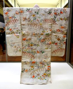 Ubugi (garment for newborn) with balloon flower, fringed pink, patrinia, and fence design, Japan, Edo period, 1800s AD, embroidery on ramie - Tokyo National Museum - Tokyo, Japan - DSC09297