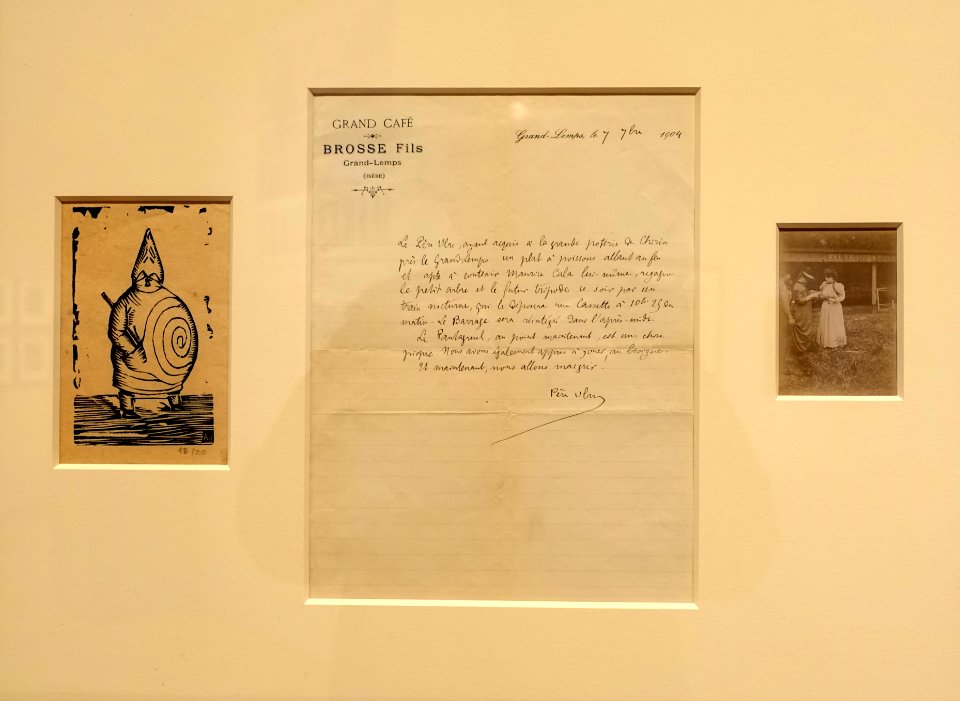 Ubu 1896, woodcut, Letter from Jarry to Rachilde, 1904, Jarry, Rachile, & Marie Therese Colliere 1898 - The Carnival of Being (Alfred Jarry at the Morgan) - Morgan Library & Museum - New York City - DSC06812