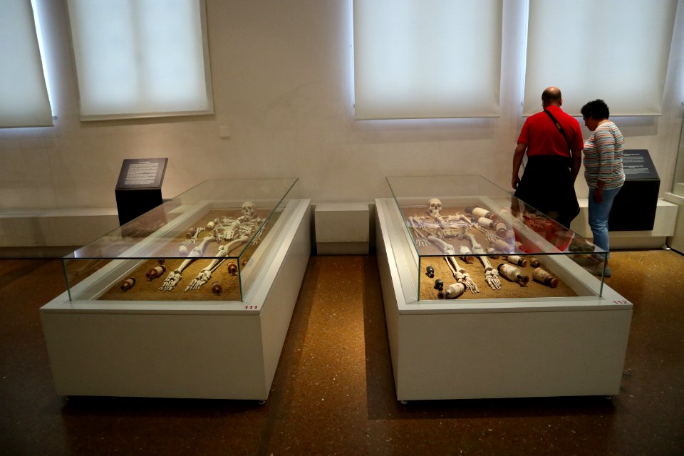 Two skeletons from Kerameikos Cemetery at the National Archaeological Museum of Athens on 7 May 2018