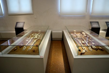 Two skeletons from Kerameikos Cemetery exhibited at the National Archaeological Museum of Athens on 7 May 2018