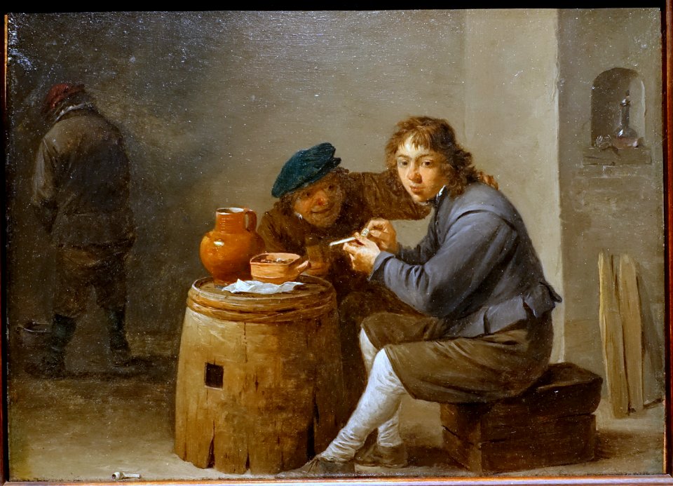 Two smokers sitting at a barrel, David Teniers the younger, 1600s, oil on copper - Villa Vauban - Luxembourg City - DSC06592