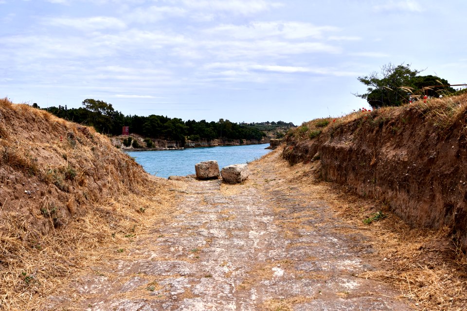 The excavated Ancient Diolkos on the Isthmus of Corinth on 22 May 2019
