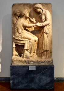 The funerary Stele of Farewell (4th cent. B.C.) at the National Archaeological Museum of Athens on 16 May 2018 photo