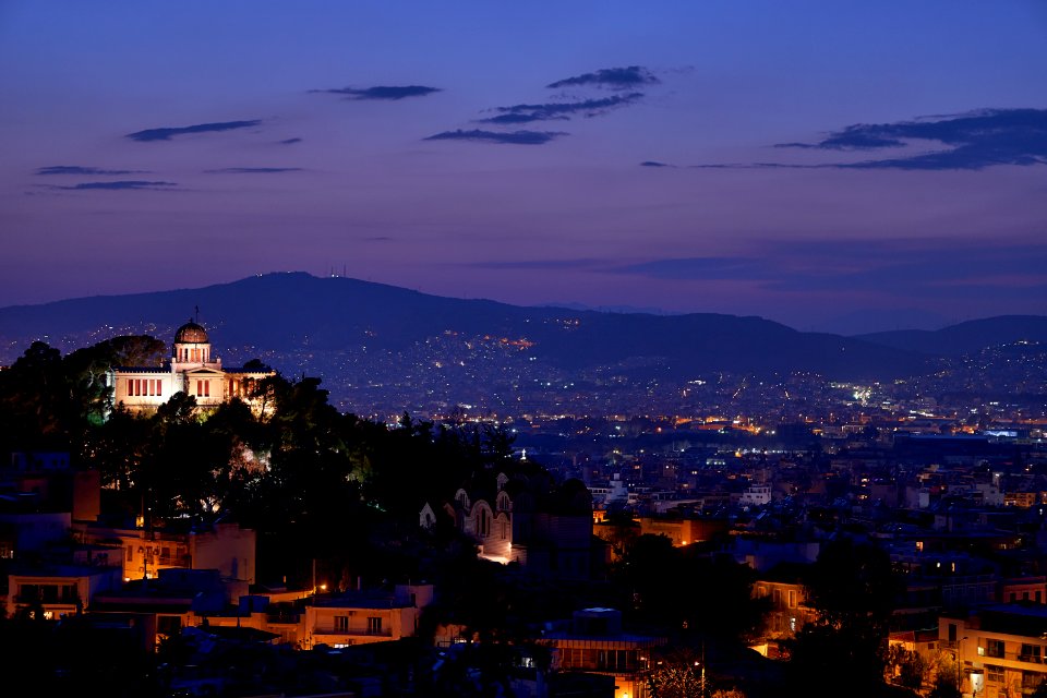 The Hill of the Nymphs with the National Observatory of Athens from the Areopagus on March 31, 2020