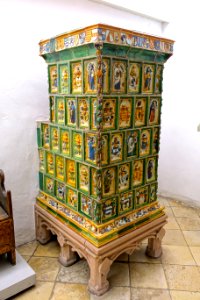 Tiled stove from the Rathaus of the Wurzburger Kapitel-Amtshaus, Ochsenfurt, c. 1515, ceramic, polychrome glaze - Germanisches Nationalmuseum - Nuremberg, Germany - DSC03710