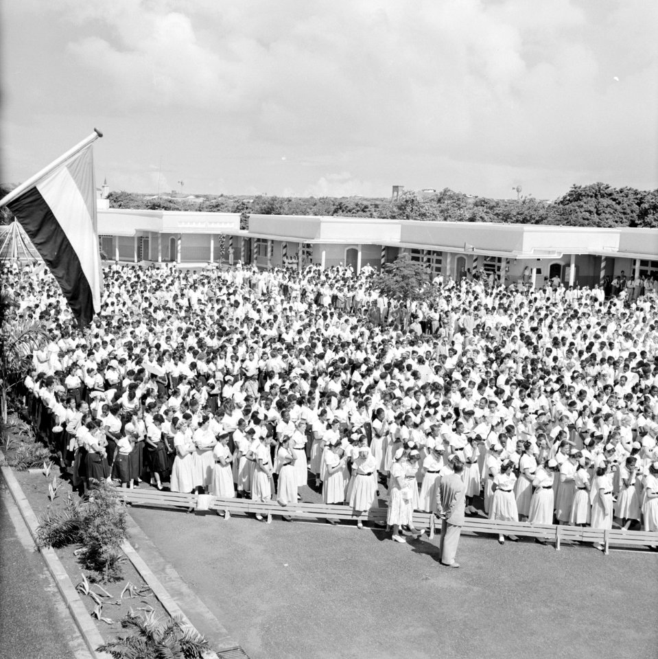 Toeschouwers bij het bezoek van koningin Juliana aan het Stuyvesant-college, Bestanddeelnr 252-3688