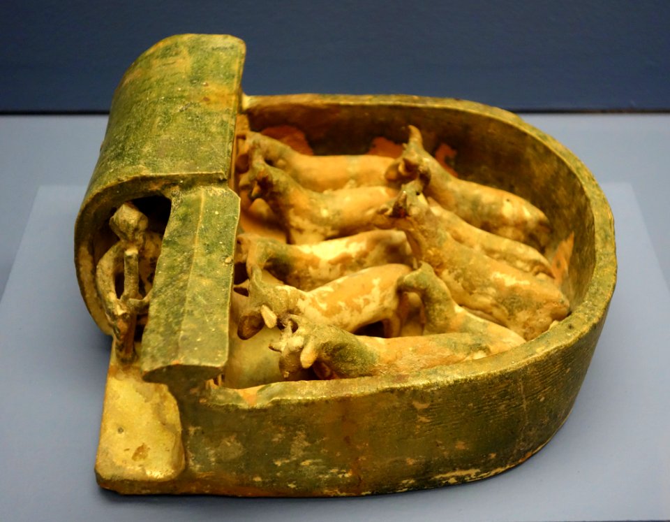 Tomb model of goat pen with goats (mingqi), China, Han dynasty, 206 BC - 220 AD, earthenware with green glaze - Fitchburg Art Museum - DSC08719