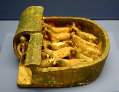 Tomb model of goat pen with goats (mingqi), China, Han dynasty, 206 BC - 220 AD, earthenware with green glaze - Fitchburg Art Museum - DSC08719