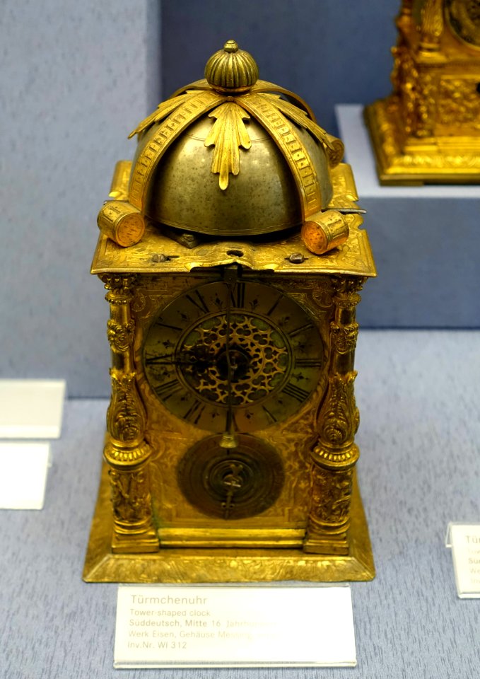Tower-shaped clock, Southern Germany, mid 1500s, iron, gilt brass - Germanisches Nationalmuseum - Nuremberg, Germany - DSC03763