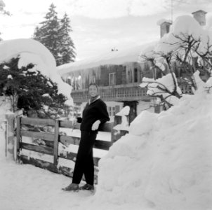 Vrouw bij een hek in besneeuwde omgeving, Bestanddeelnr 254-3781