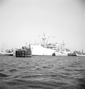 Vrachtschip geflankeerd door marineschepen en landingsvaartuigen in haven, Bestanddeelnr 934-5140