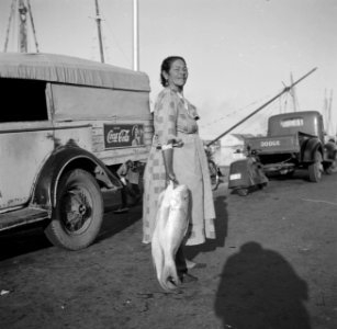Vrouw met vissen op de markt in de haven van Oranjestad op Aruba, Bestanddeelnr 252-7864