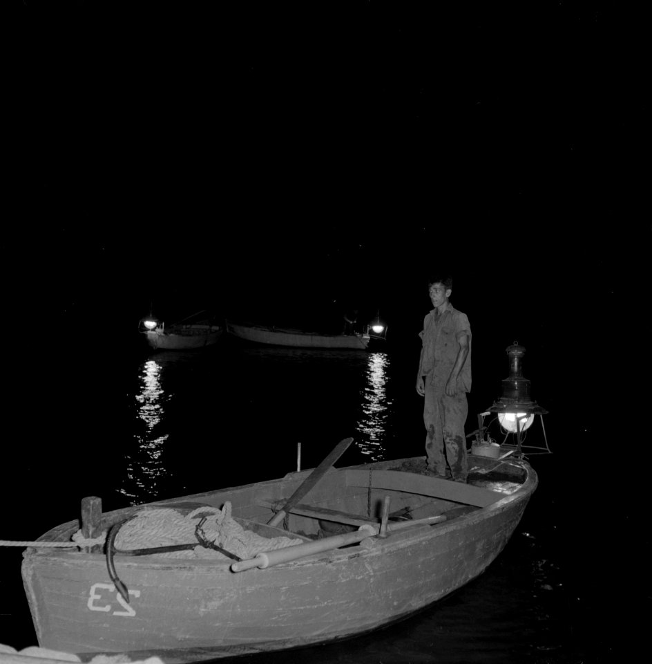 Visser staand in een bootje, Bestanddeelnr 255-2864