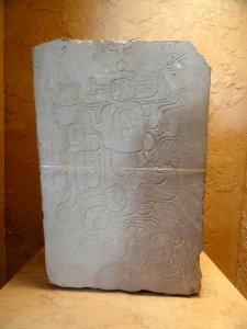 Incised limestone bench support, perhaps depicting head of Chaak, Classic Maya, Palenque, Chiapas, Mexico - San Diego Museum of Man - DSC06879 01