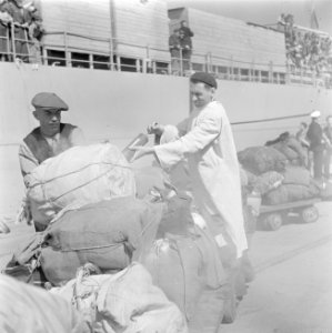 In de haven van Haifa wordt de bagage van de emigranten (oliem) van boord van he, Bestanddeelnr 255-1135