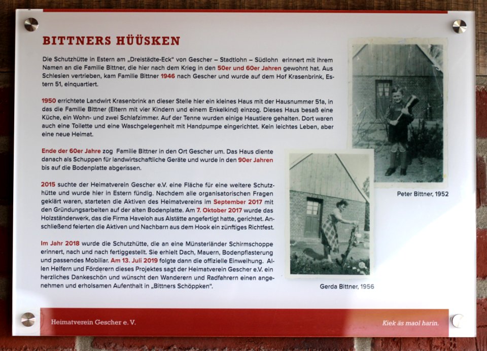 Tafel zur Schutzhütte "Bittners Hüüsken"