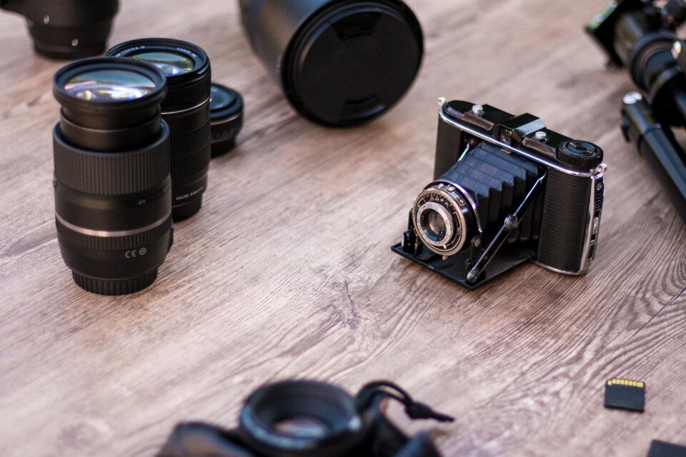 Photographic equipment wood background vintage
