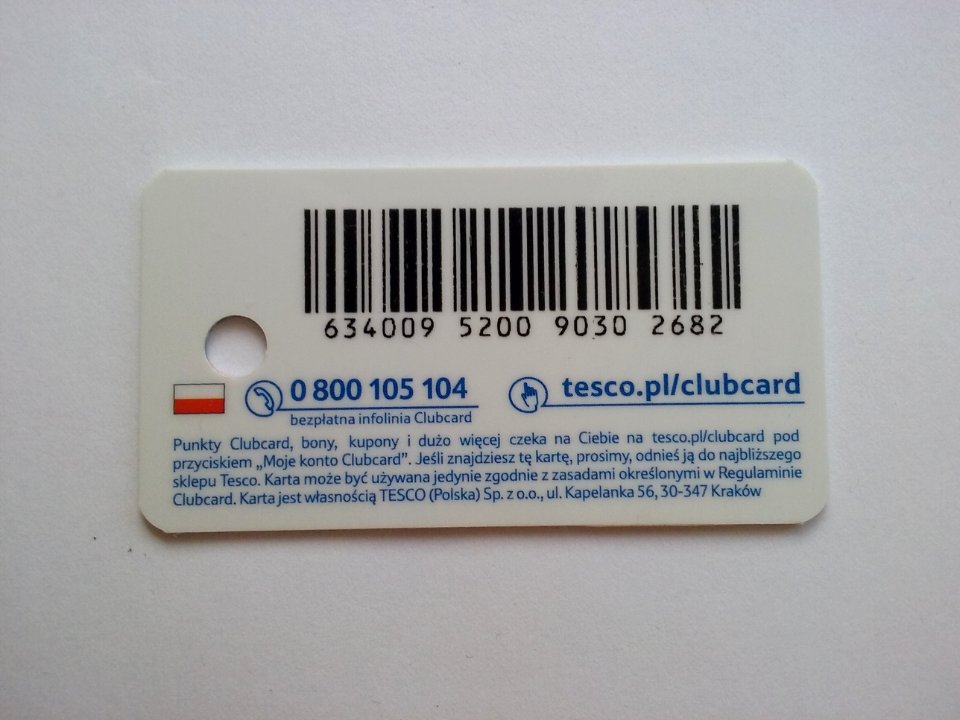 Karta Tesco ClubCard revers