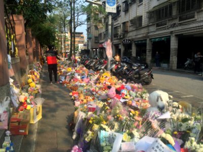 Floral Tributes for Victim on Sidewalk of Lane 9, Section 1, Huanshan Road, Neihu District, Taipei 20160330c photo